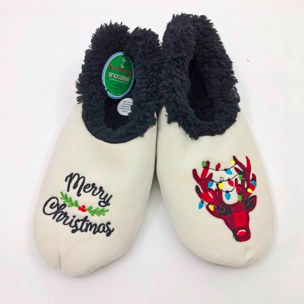 NWT Snoozies Men's Slippers Merry Christmas Plaid Reindeer Large 11/12 Off White